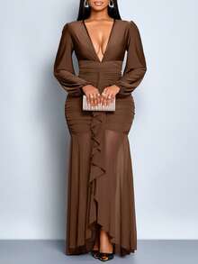 SOLERSUN Women's Plus Size Elegant Brown Mesh Maxi Dress Ruffle V-Neck Pleated Summer Party Night Out Club - Brown - View 4
