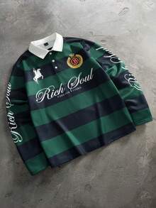 PAVTROS Camisa polo de hombre con bloques de color, rayas y estampado de letras - Verde Oscuro - Ver 1