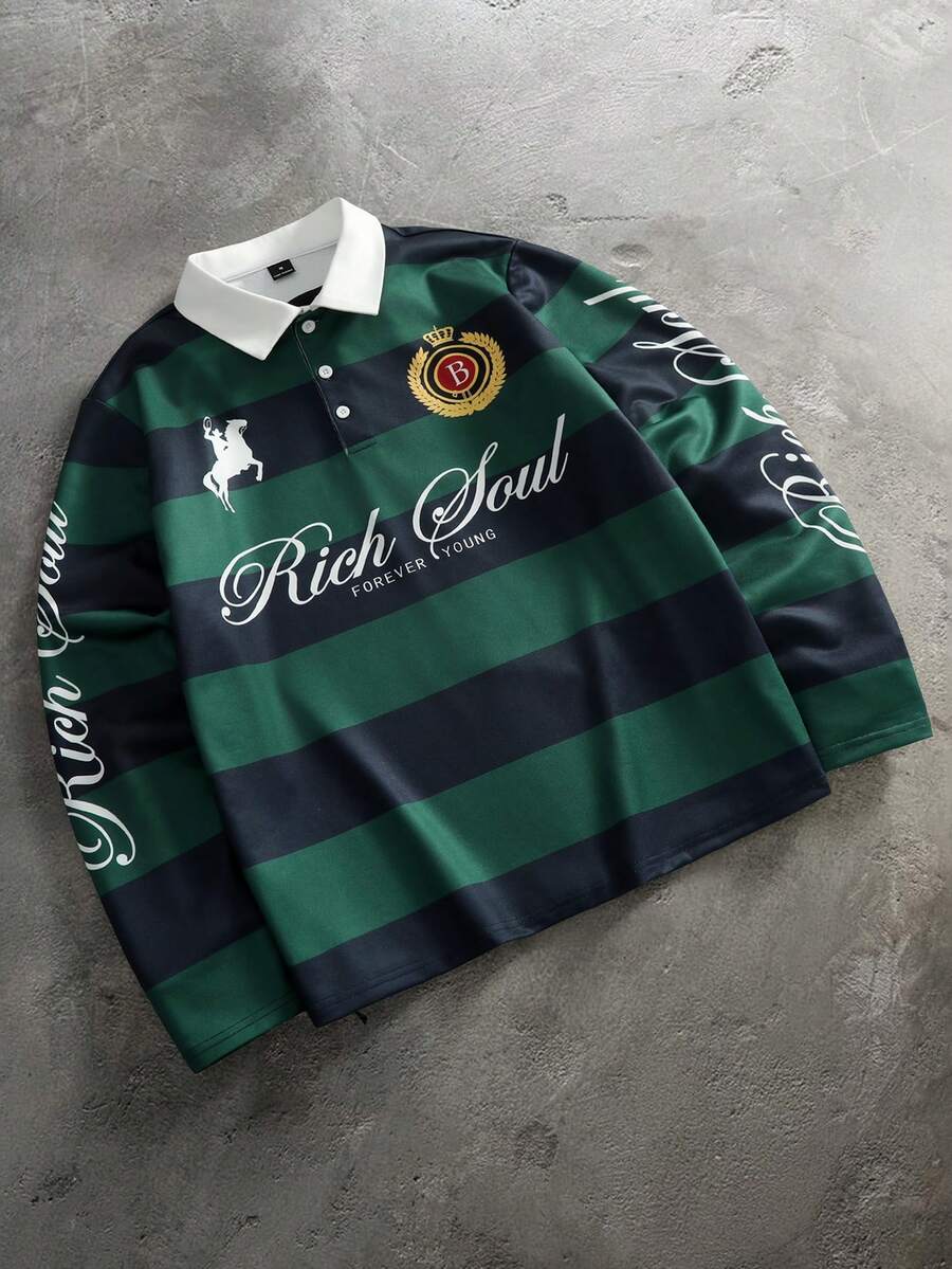 PAVTROS Camisa polo de hombre con bloques de color, rayas y estampado de letras - Verde Oscuro - Ver 1