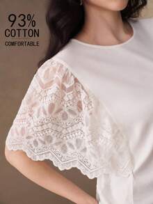 Anewsta New Fashion Elegant Design Lace Patchwork Loose Casual Women's T-Shirt - White - View 2