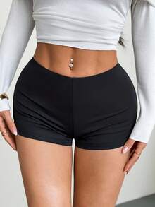 SHEIN PETITE Low Rise Micro Mini Shorts Ibiza Fits Summer Boho, Summer, Holiday, Beachwear Festival Rave Going Out Fall Winter Party ,Petite Women - Black - View 6
