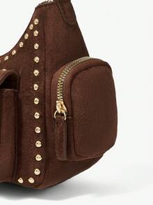 Viva Strut Ladies Fashionable Street Personalized Sweet Cool Spice Y2K Vintage Rivet Suede Shoulder Bag, Daily Shopping Commuter School Dating - Dark coffee - View 7