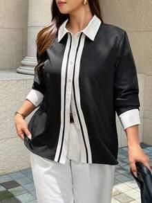 Easura Plus Size Elegant Long Sleeve Button-Front Contrast Color Commuter Women's Shirt - Black and White - View 5