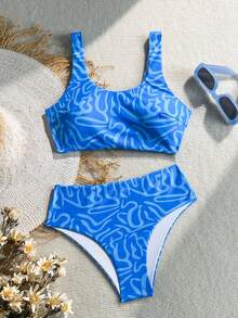 SHEIN Swim Mod 女款度假海灘全印花泳衣套裝 - 藍色 - 查看 5