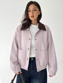 Aloruh Women's Fashion Single-Breasted Long Sleeve Pocket Jacket Streetwear - Pink - View 8