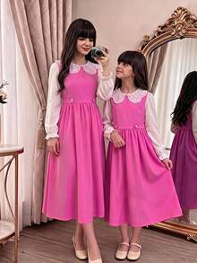 SHEIN Tween Girls Midi Dress, Eyelet Peter Pan Collar Ruffle Long Sleeve A-Line Dress - Multicolor - View 8
