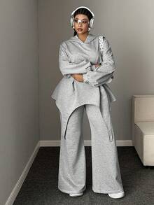 Mawevolt Plus Size Solid Color Hooded Cinched Waist Asymmetrical Hem Sweatshirt + Flared Sweatpants 2 Pieces Casual Set Fall - Grey - View 3