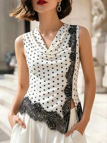 SHEIN Women's Polka Dot Cowl Neck Patchwork Lace French Elegant Sleeveless Top - Black and White - View 8