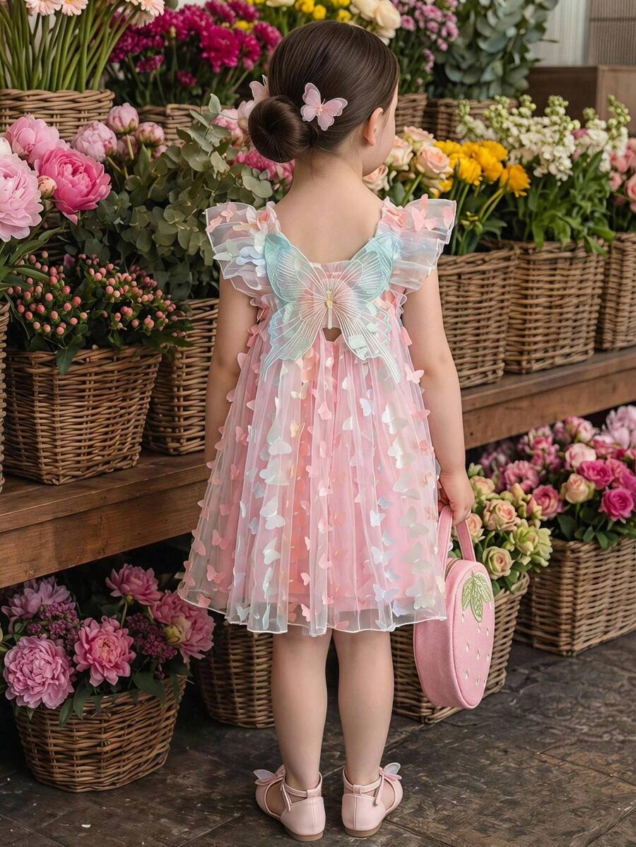 THE HAPPY LOOK Young Girl Sleeveless Cinching Waist Bow Decor Dress - Pink - View 1