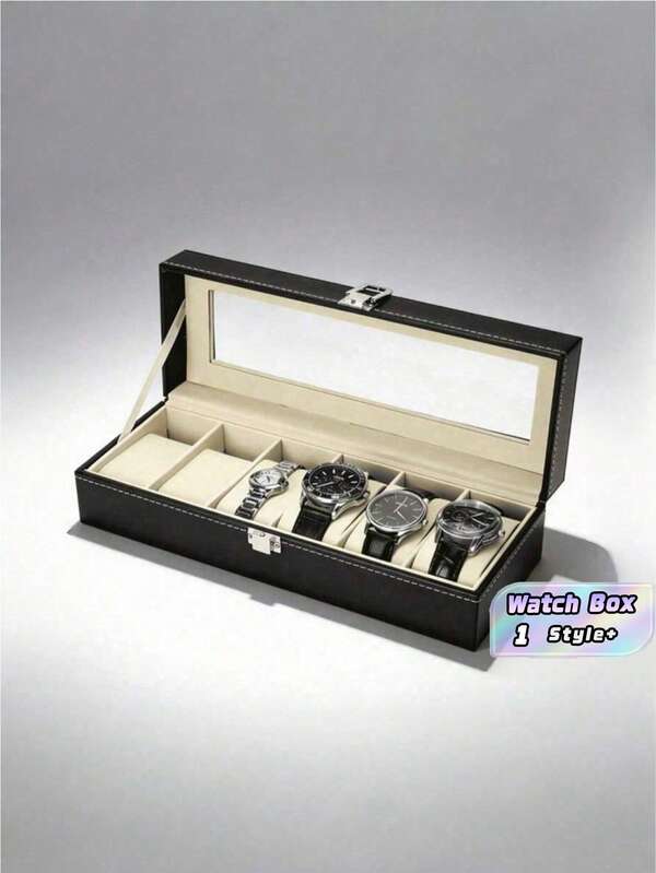 Luxury 6 Slot PU Leather Watch Display Box Transparent Glass Lid Velvet Lined Storage Case Organizer For Dresser Top Showcase Collection Holder Men's Jewelry Gift Ideal For Birthday Anniversary Father Day Christmas Valentine Husband Boyfriend