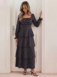 KARISMINA Women's Polka Dot Square Neck Multi-Layer Ruffle Hem Elegant Long Dress,Polka Dot Tiered Maxi Dress, Tiered / Layered,Vacation,Wedding Guest - Black - View 10