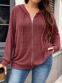 SHEIN LUNE Sudadera con capucha de hombros caídos y cordón para tallas grandes, atuendo de viaje para primavera y otoño, aeropuerto - Color caoba - Ver 6