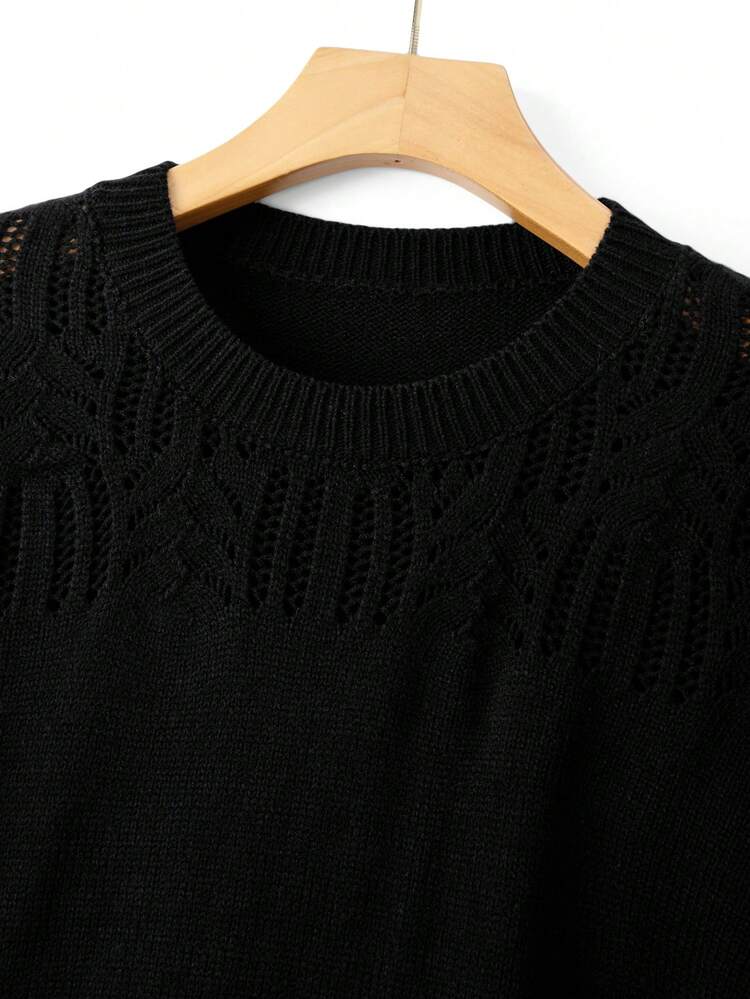 EMERY ROSE Top de punto de manga corta con cuello redondo hueco negro, elegante y versátil para mujer de talla grande, adecuado para ir al trabajo, uso diario y oficina en verano - Negro - Añade 4