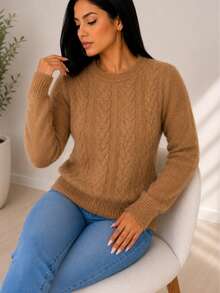 Round Neck Sweater With Nice And Warm Pearls - Cafe - View 7