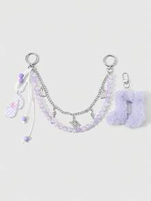 ROMWE Anime 1 Fashion Temperament Simple Purple Gradient Fine Beads Double Chain Simulation Tape Fine Flash Bow Note Braided Lace-Up DIY Keychain Bag Pendant - Purple - View 11