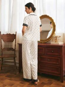 Côtesoire French Elegant Polka Dot Print Knit Fabric, Contrast Color Lace Patchwork Short Sleeve Long Pants Women's Pajama Set - Black and White - View 2
