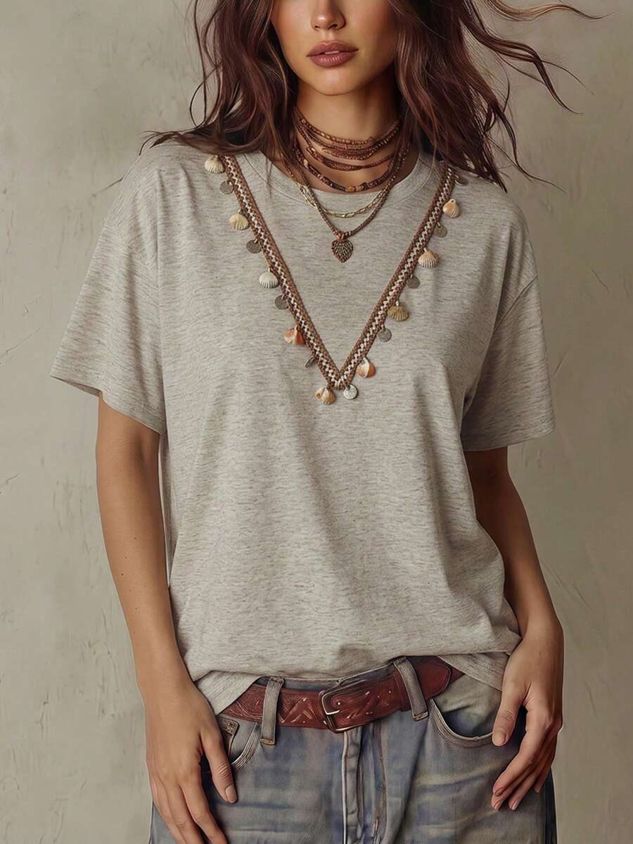 Franclia 女士纯色贝壳边圆领休闲宽松短袖T恤浅灰色上衣休闲T恤女士可爱休闲上衣可爱短袖上衣贝壳装饰上衣女士可爱上衣女士休闲T恤珍珠衬衫时尚上衣灰色上衣街头风上衣羊毛上衣女士上衣和衬衫YSK服装女士服装女士羊毛针织衫女士精品上衣女士牛仔上衣女士最新款上衣新品西部T恤女士休闲上衣女士优雅 - 灰色 - 查看 1