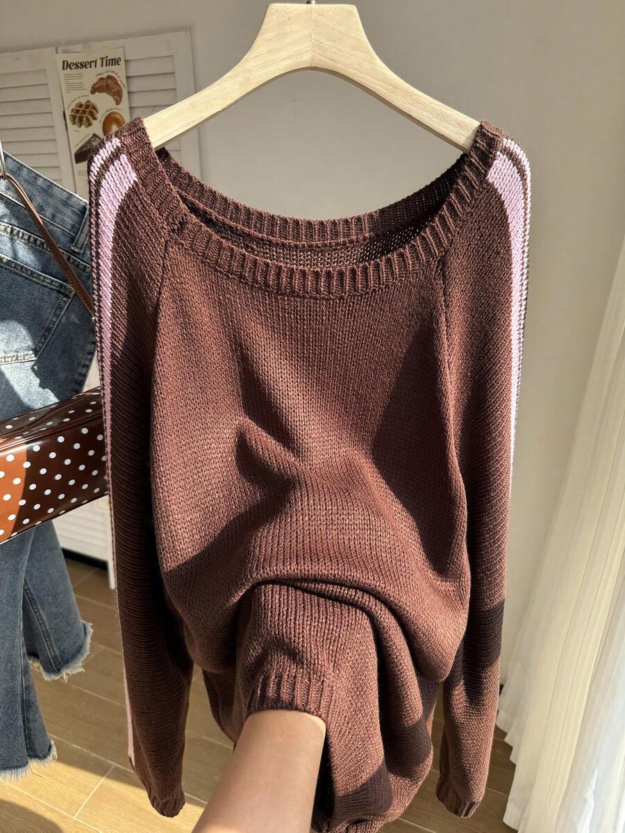 Comfortcana Autumn/Winter Plus Size Striped Raglan Long Sleeve Casual 1960s 90s Soft Form Plus Size Sweater School College Dates Office Coffee Brown - Brown - View 1