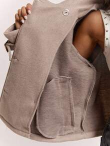 SHEIN BAE Wool Blend Stand Collar Double Breasted Short Long Sleeve Jacket Coat Office Everyday Going Out Grey Autumn Winter French Elegant Casual - Light Grey - View 8