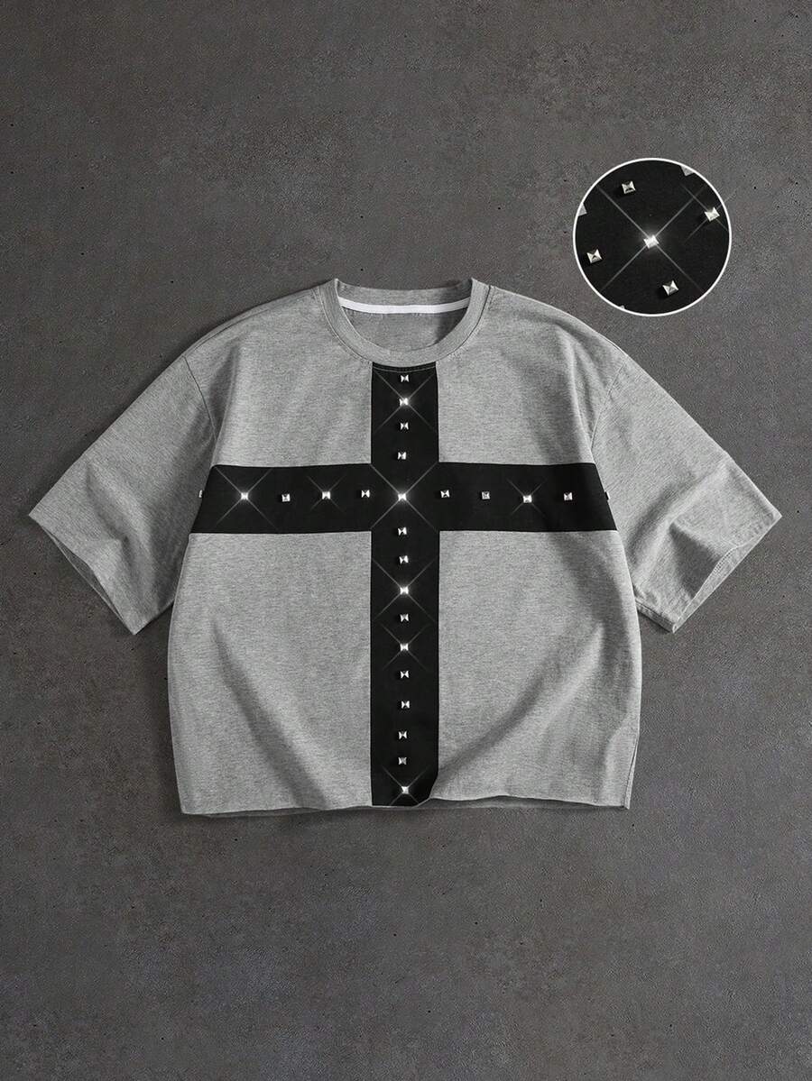ROMWE MEN Street Life Men's Casual Cross Studs Decor Short Sleeve T-Shirt - Grey - View 1