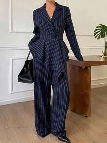 Livesso Setelan 2 Potong Wanita: Atasan Lengan Panjang Berkerah Kancing Depan Warna Biru Tua Polos dengan Celana Panjang Lebar - Navy Blue - View 3