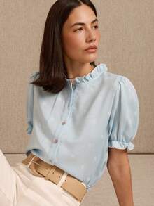 lacRébo Light Blue Floral Blouse With Ruffle Collar, Ruffled Short Sleeves And Front Button Opening - Blue - View 1