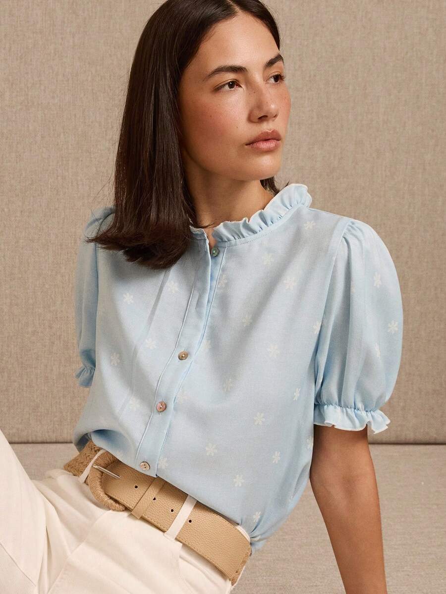lacRébo Light Blue Floral Blouse With Ruffle Collar, Ruffled Short Sleeves And Front Button Opening - Blue - View 1