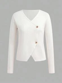 Franclia Asymmetric Button Decor Knit Cardigan, European And American Style, Spring/Autumn Fall Winter Cloth For Women - White - View 3