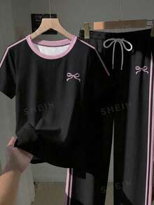 SHEIN Essnce 2件組刺繡圓領短袖上衣與條紋印花長褲，休閒風 - 黑色 - 查看 4