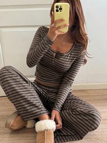 DAZY 女款夏季條紋細肩帶上衣與長褲休閒兩件套 - 咖啡棕 - 查看 5