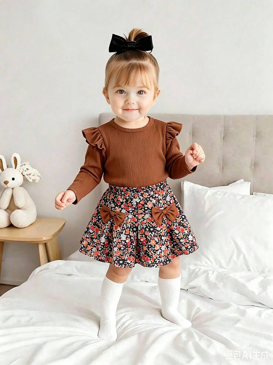 SHEIN Playful Pals 2件組幼女優雅棕色羅紋荷葉邊蝴蝶結花卉長袖圓領上衣裙套裝,秋季生日派對公主芭蕾舒適風 - 卡其色 - 查看 1