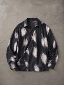 SUMWON 寬鬆版型緞面襯衫，抽象 Ikat 刷紋印花，開領 V 領長袖休閒上衣 - 黑色 - 查看 1