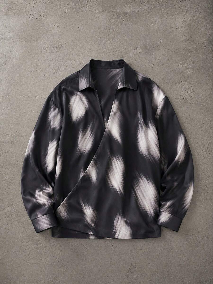 SUMWON 寬鬆版型緞面襯衫,抽象 Ikat 刷紋印花,開領 V 領長袖休閒上衣 - 黑色 - 查看 1