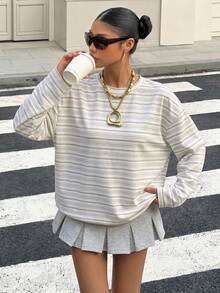 SHEIN EZwear 女款條紋拼接色塊休閒百搭日常長袖T恤 - 彩色 - 查看 5