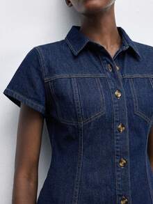 Maija Women's Summer Casual Retro Vintage 70S 70S Retro Front Button Denim Dress Everyday Party Navy Blue Autumn Outfit For Women - Dark Wash - View 8