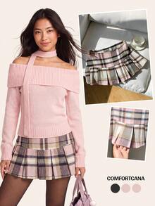 SHEIN x Carly Lawrence Comfortcana 女款秋冬格子百褶裙 - 粉色 - 查看 8