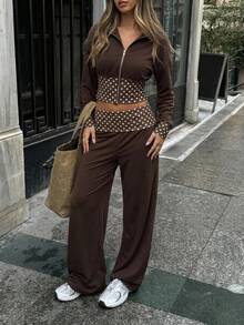 Aloruh Pantalon de survêtement extra long à taille basse, coupe ample, à pois et blocs de couleurs pour jeunes femmes - Jaune clair - Voir 10
