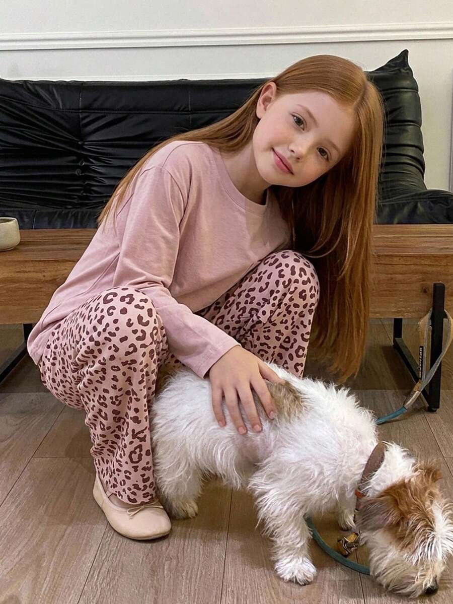 DAZY Tween Girl Round Neck Long Sleeve Pocket Top And Leopard Print Pants Loungewear - Baby Pink - View 1