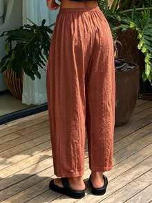 Livesso 女款寬鬆純色紋理布料睡褲，適合春、夏、秋季與度假穿著 - 橘色 - 查看 2