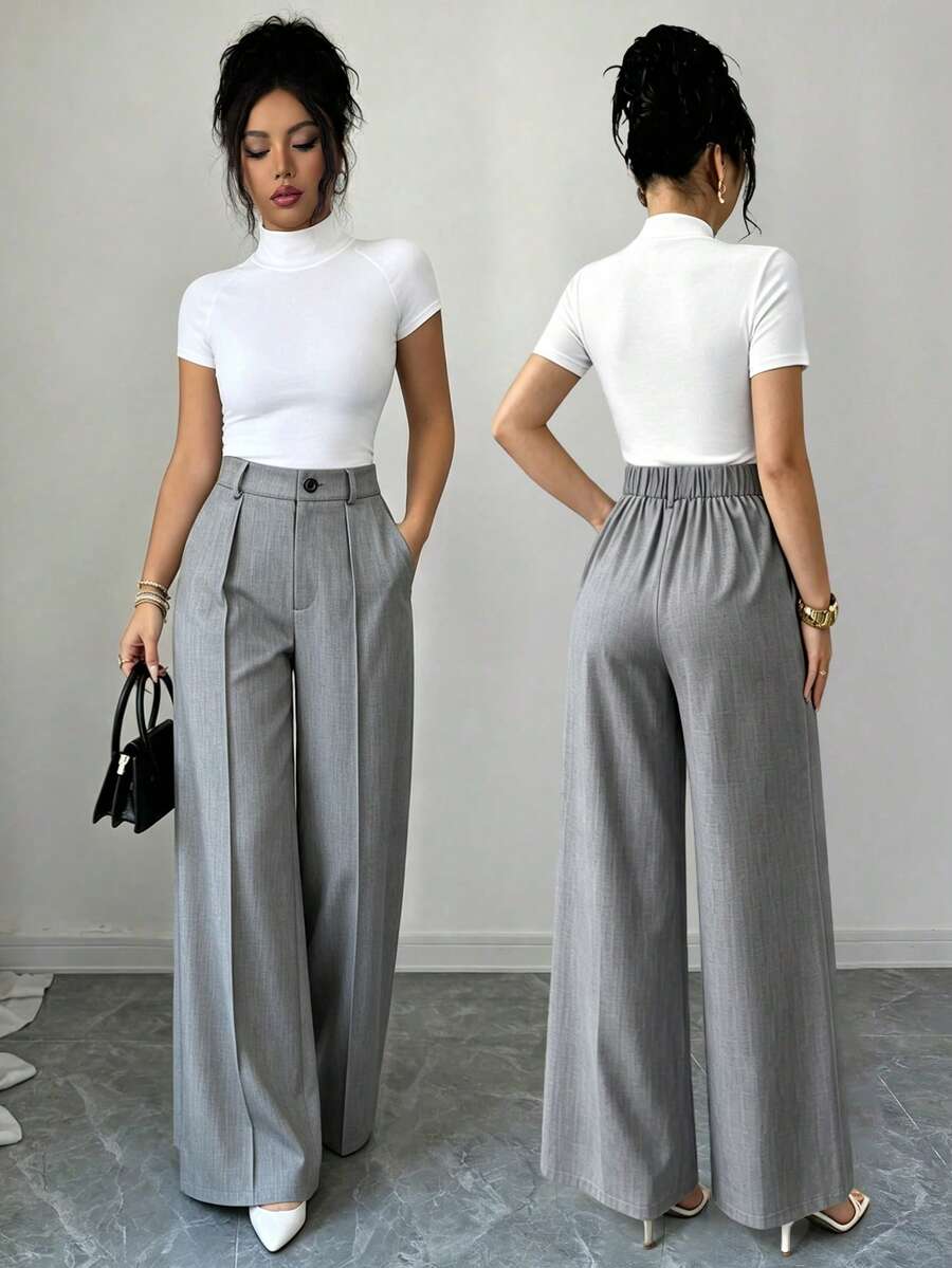 Elenzga Premium Light Gray Mid-Waist Front-Center Pleated Loose Wide-Leg Slimming Commuter Long Straight Suit Pants For Women - Grey - View 1