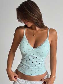 DAZY Top de camisola con encaje y parches con estampado floral diminuto, con sujetador acolchado incorporado para mujeres - Celeste - Ver 4