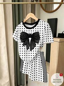 SHEIN 1套隨機少女驚喜盲盒韓系甜美風彩色花卉條紋波點印花T恤短褲2件套，圓領短袖，戶外旅行日常聚會夏季休閒穿搭 - 彩色 - 查看 5