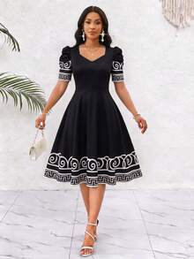 SHEIN Lady Women's Geometric Print Sweetheart Neckline Short Petal Sleeve Elegant Vintage 70s Retro Dress Wedding Party Night Bar Dinner Black And White Summer - Black and White - View 6