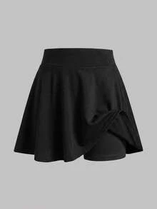 SHEIN 女童純色A字迷你裙，淺灰色與純黑色可選，極簡寬腰頭設計，傘擺下襬，百搭純色簡約百搭，俐落短版剪裁，易於搭配各種上衣，簡約經典 - 彩色 - 查看 8