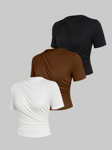 Sweetra Plus Size Women's Solid Color Fold-Over Collar T-Shirt - Multicolor - View 3