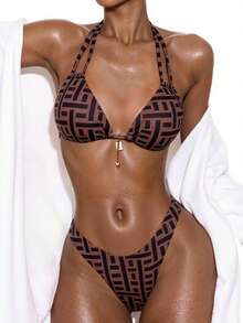 Swim Vcay Women's Random Print Sexy Halter Bikini Set With Metal Decor, Beach Summer Outfits - Multicolor - View 4