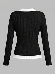 SHEIN Girlism 青少年女孩拼色 2-In-1 設計 T-shirt，修身版型，休閒風格，黑色層次長袖上衣，冬季，Y2K，街頭風 - 黑色 - 查看 2