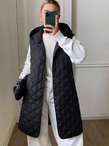 DAZY Solid Color Quilted Diamond Pattern Hooded Sleeveless Long Elegant Formal Autumn/Winter Women's Padded Coat - Black - View 1