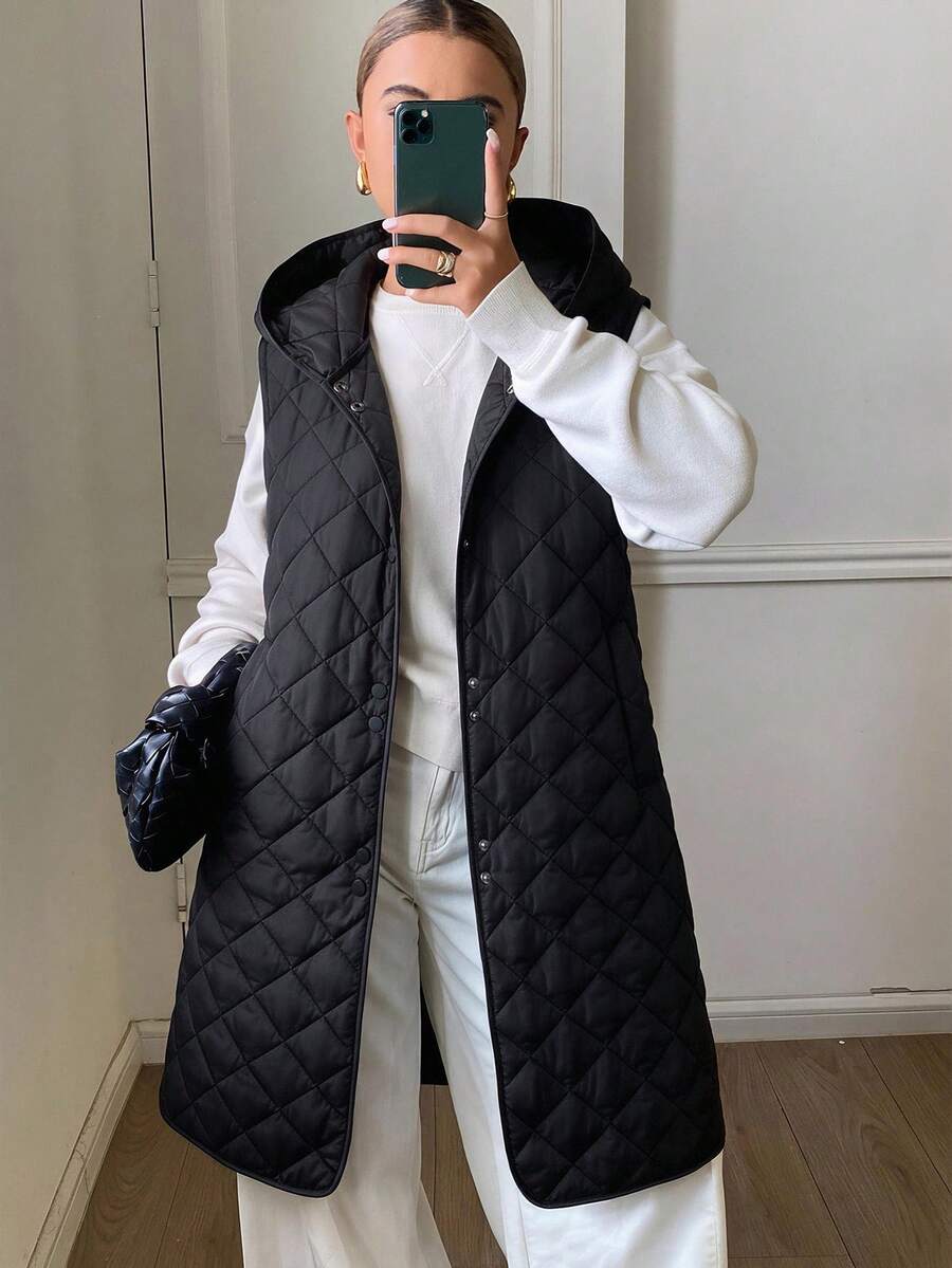DAZY Solid Color Quilted Diamond Pattern Hooded Sleeveless Long Elegant Formal Autumn/Winter Women's Padded Coat - Black - View 1