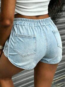 Rovax Women's Waist Tie Pocket Casual Denim Effect Print Shorts - Blue - View 2